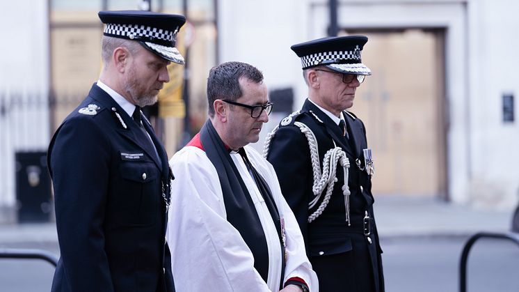 [L-R: Assistant Commissioner Matt Jukes; Senior Chaplain Jonathan Osborne; Commissioner Sir Mark Rowley]