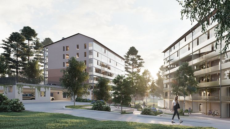 Havainnekuvassa näkymä Turun Mäntymäen uudiskortteliin, jonne taidekilpailulla valittu taiteilija toteuttaa julkisen taideteoksen. Kuva: Ajak Arkkitehdit