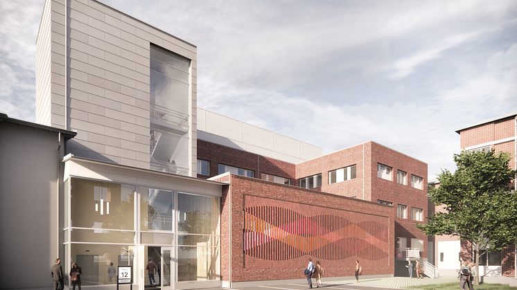 FOJAB har gestaltat den nya onkologimottagningen på Länssjukhuset i Kalmar. Konstverket vid entrén heter Våg, av konstnärerna Cecilia Aaro och Matilda Fahlsten.