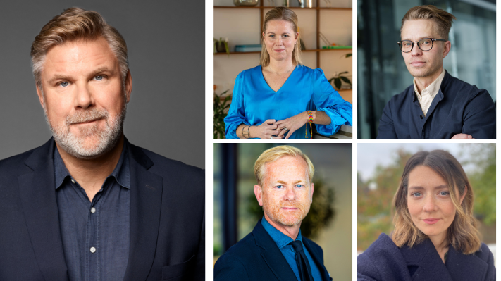 Från vänster: Mårten Lyth. Från vänster, över raden: Anna Albinsson, Thomas Hansen. Från vänster, undre raden: Mats Heide, Lisa Wouda.