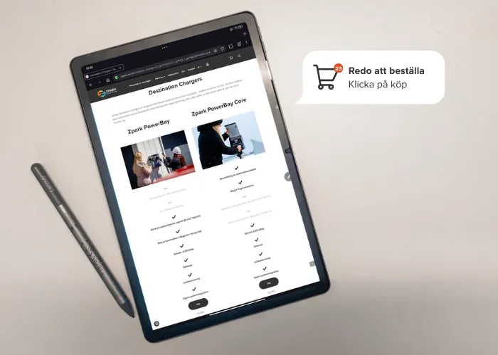 A tablet with Zpark Energy Sustems webshop displayed and a speach bubble saying ready to order.