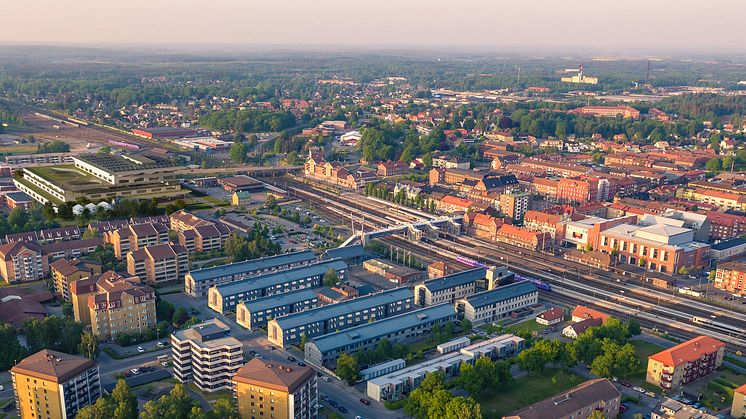 Flygbild med möjlig placering i Hässleholm. (Bilden är ett montage.) Foto: Daniel Larsson. Copyright illustration högskolan: sandellsandberg arkitekter – Part of AFRY.