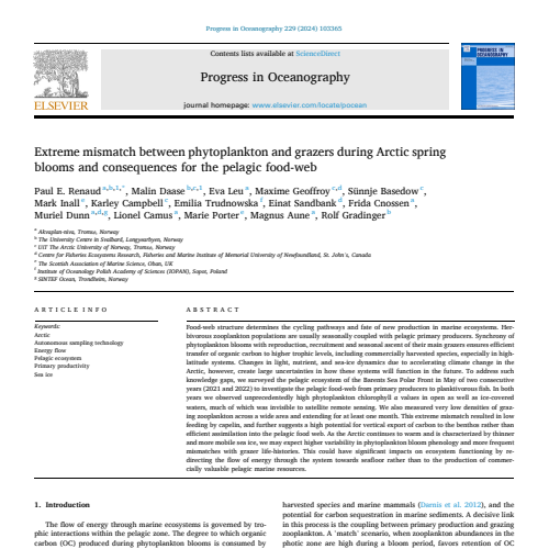 ARTICLE> Extreme mismatch between phytoplankton and grazers during Arctic spring blooms and consequences for the pelagic food-web