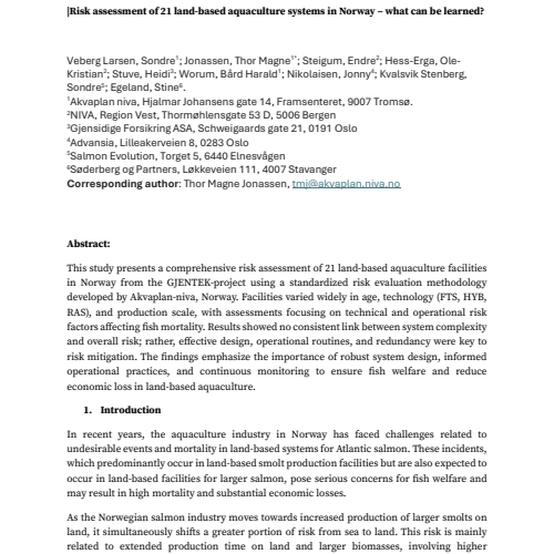Risk assessment of 21 land-based aquaculture systems in Norway