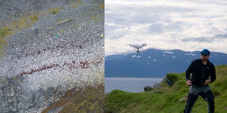 Foto av strand med søppel tatt med drone. Til høyre dronepilot Morten Thorstensen, Akvaplan-niva.