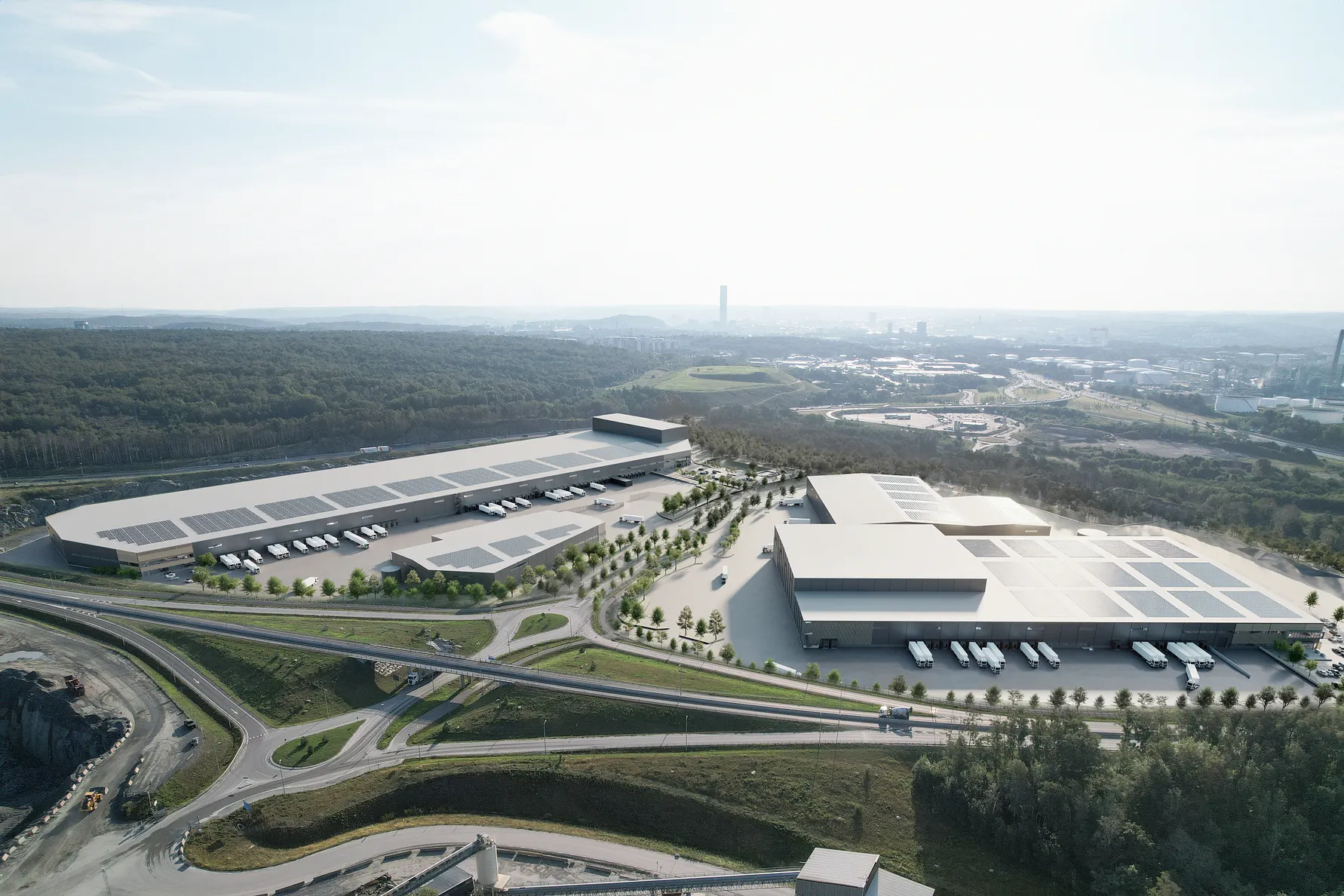 Conceptual rendering of Halvorsäng Logistics Park, currently under development just a stone's throw from the Port of Gothenburg. The first tenant is scheduled to move in during 2026. Image: Castellum/Port of Gothenburg.