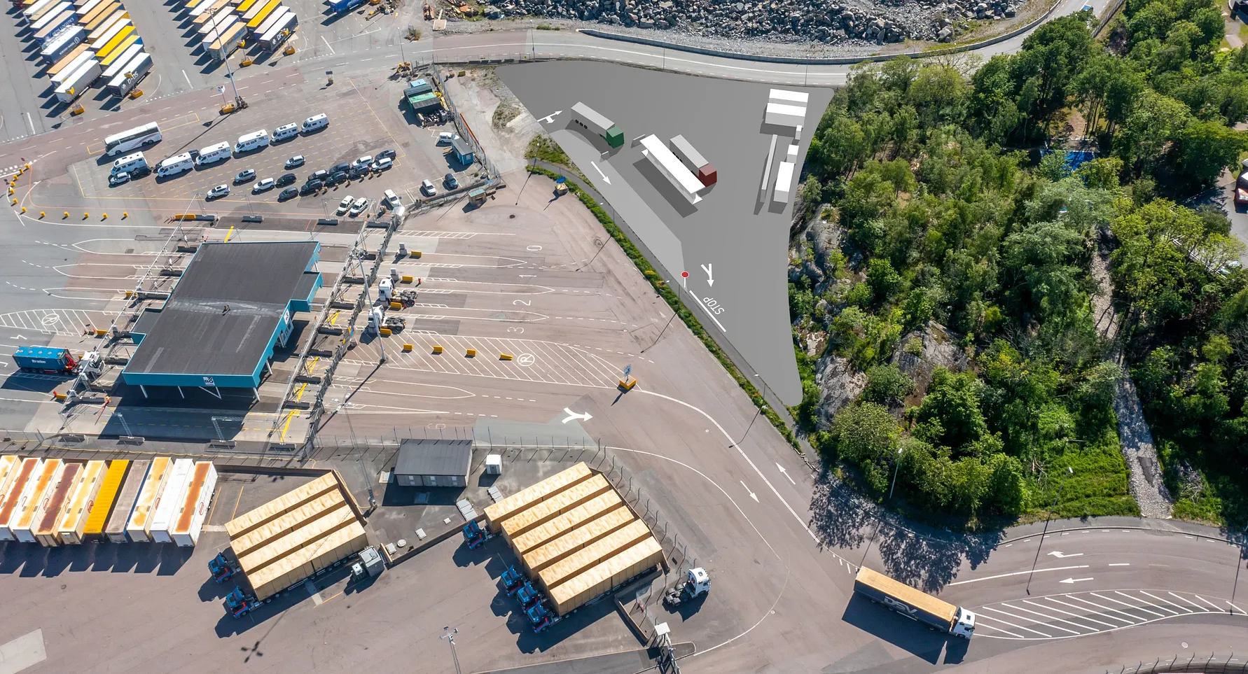 Visionsbild över den kommande vätgastankstationen i Göteborgs hamn. Montage: Nilsson Energy/Göteborgs Hamn AB.