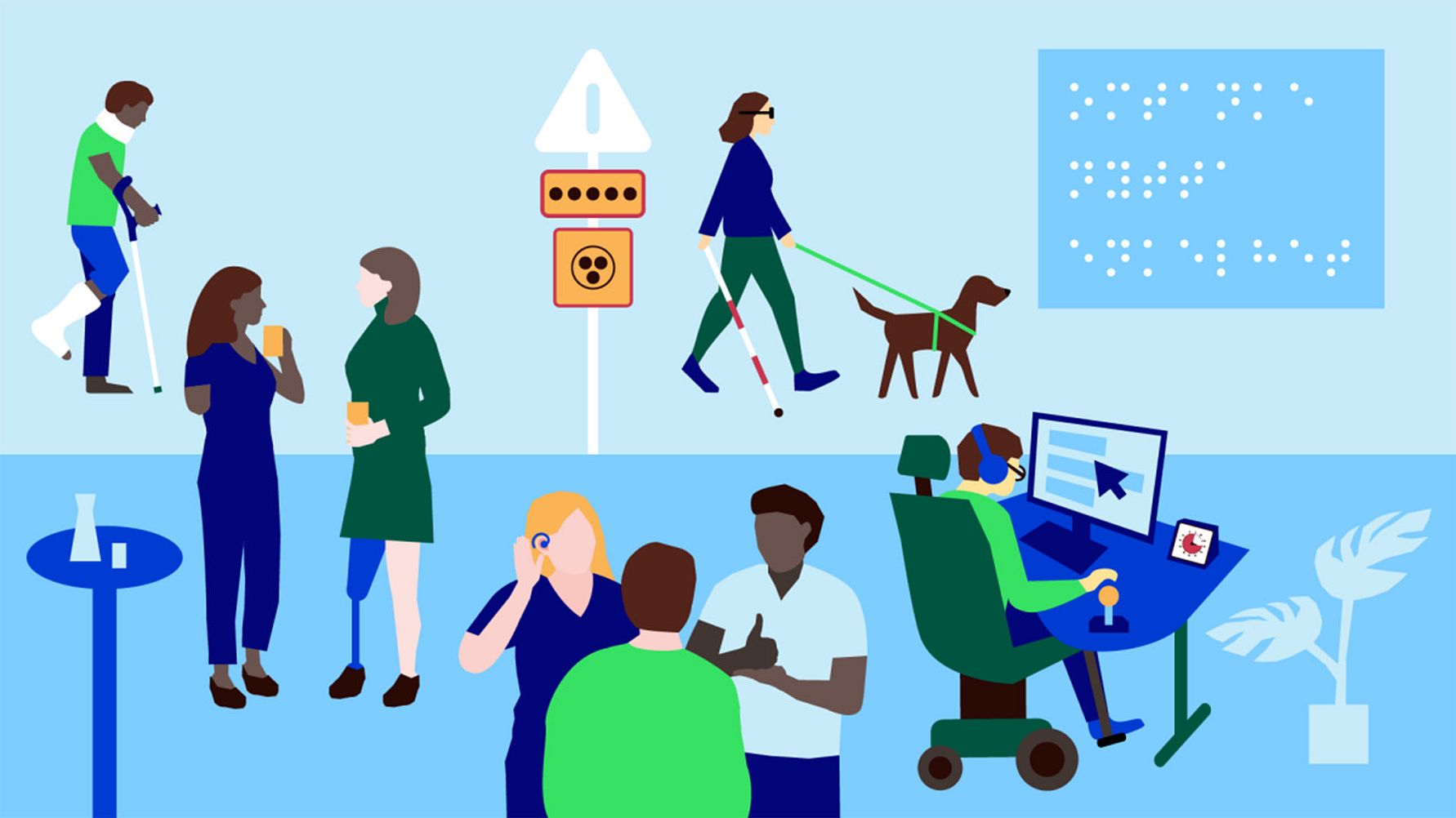 Illustration av personer med olika funktionsvariationer i en tillgänglig miljö – med hjälpmedel som rullstol, ledarhund, hörapparat, benprotes och punktskrift.