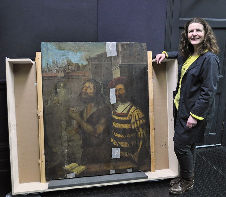 Nicky Grimaldi pictured with The Bowes Museum panel painting 2 (photo credit Northumbria University).jpg