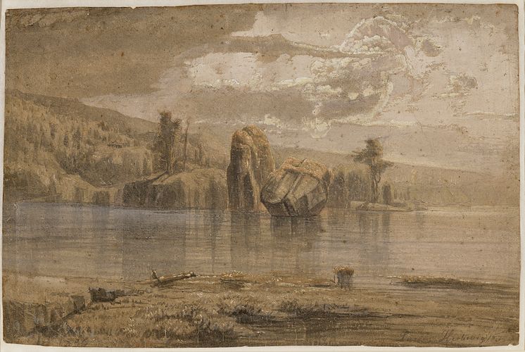 Lars Hertervig, Kystlandskap med åser og traer, 1856/1874. Akvarell och gouache på papper, 33 x 50 cm.