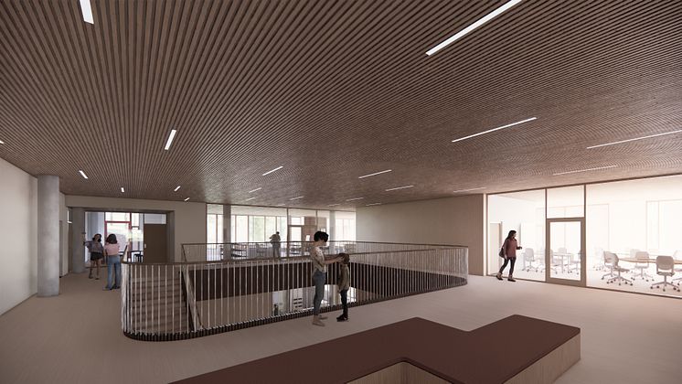 Illustrasjon av skolebygget innvendig. Lyst interiør med trepanel i taket, glassvegger og elever. 