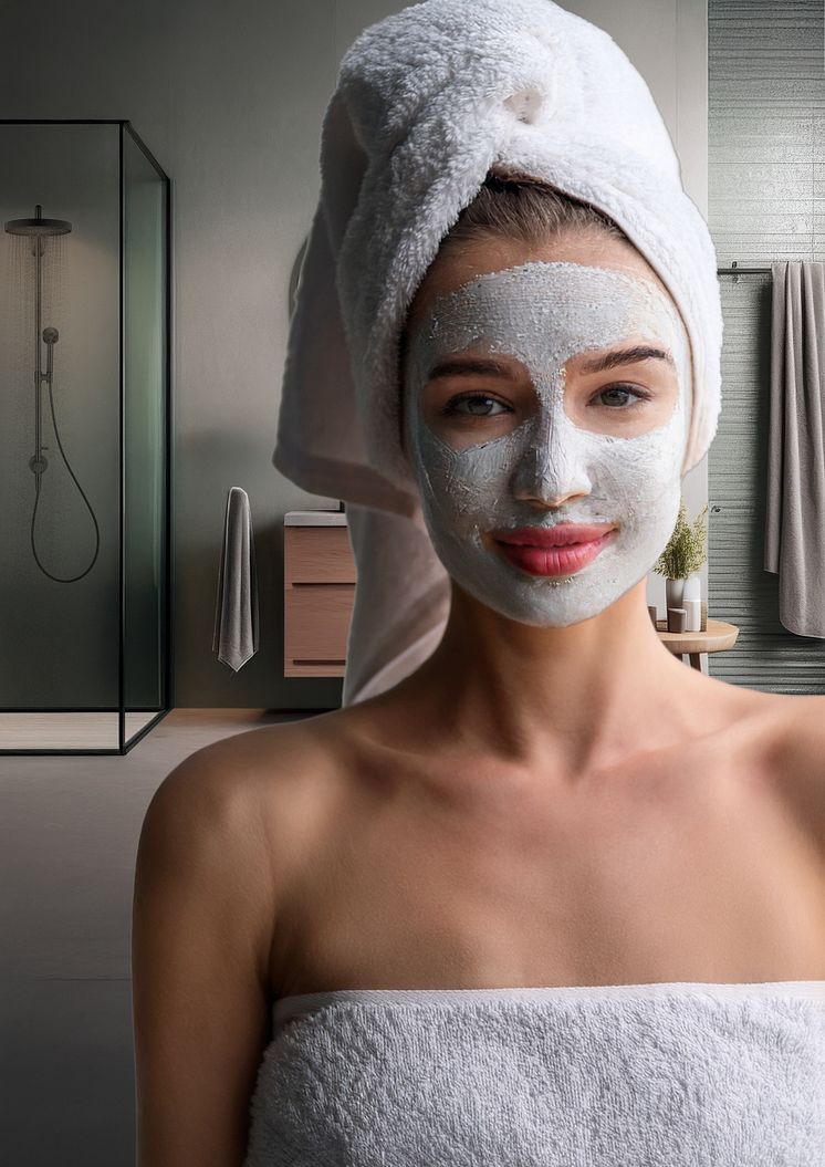 Eine Frau im Badezimmer mit einem Handtuch auf dem Kopf und einer Gesichtsmaske