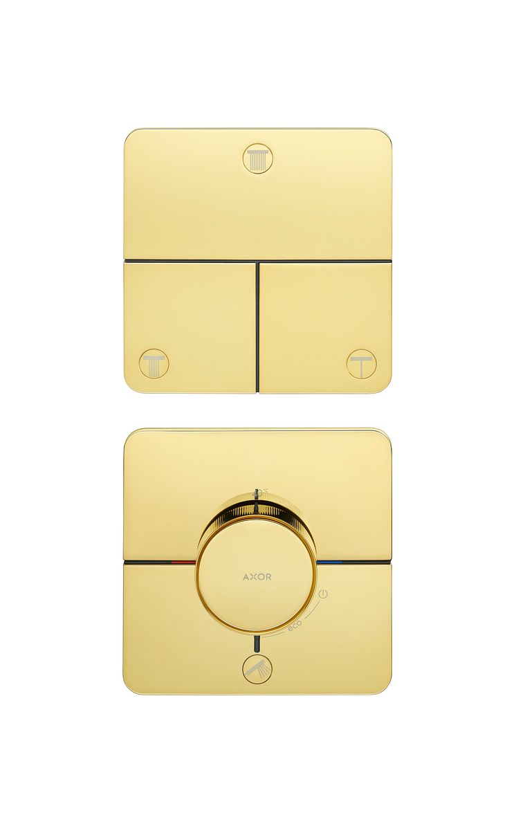 AXOR ShowerSelect ID termostatløsning til fire funktioner i poleret guld-optik