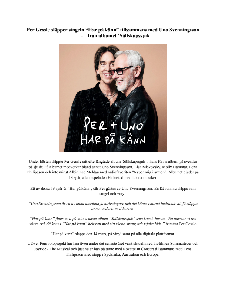 Per Gessle släpper singeln “Har på känn” tillsammans med Uno Svenningsson.pdf