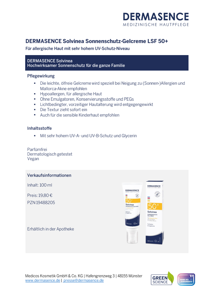 Factsheet DE: DERMASENCE Solvinea Sonnenschutz-Gelcreme LSF 50+