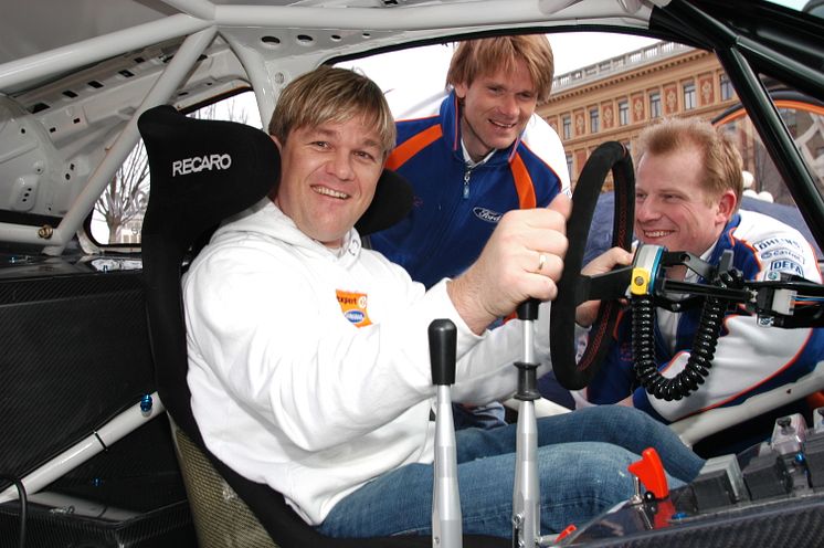 Marcus Grönholm, Henning Solberg och Andréas Eriksson på presskonferensen i Kungsträdgården, Stockholm