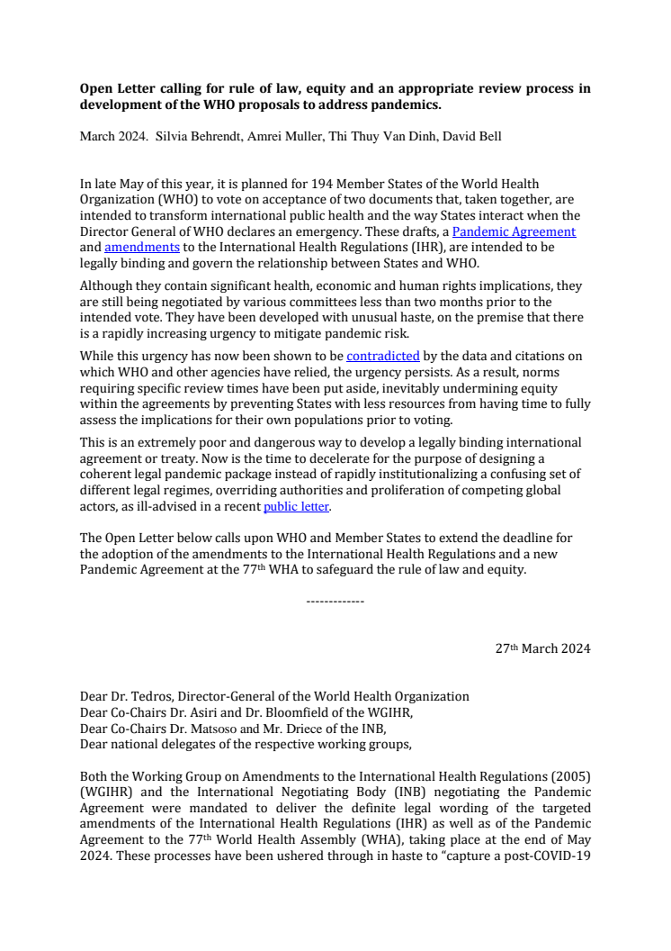 Open Letter calling for rule of law, equity and an appropriate review process in  development of the WHO proposals to address pandemics. 