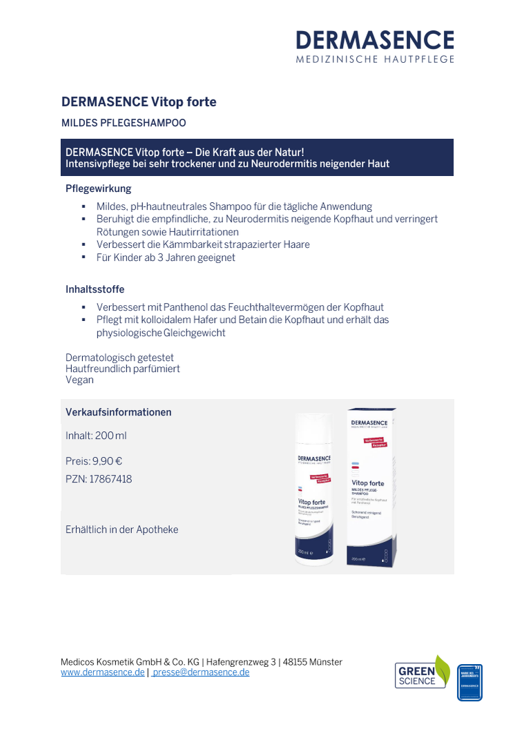 Factsheet DE: DERMASENCE Vitop forte Mildes Pflegeshampoo