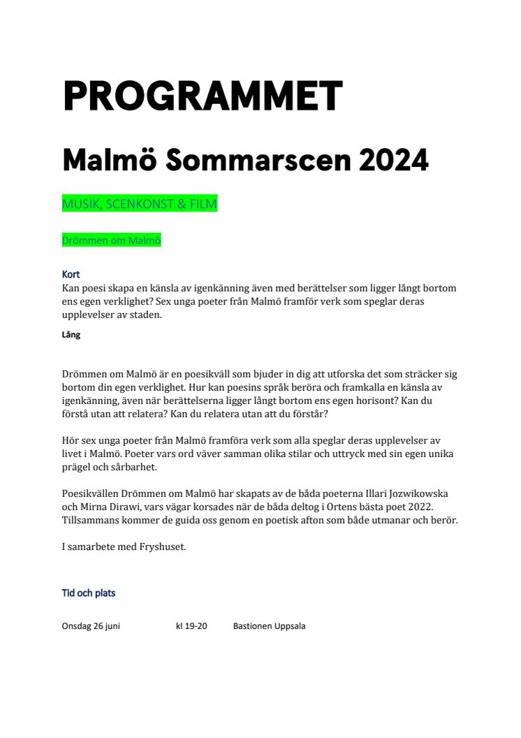 Malmö Sommarscens program - 2024