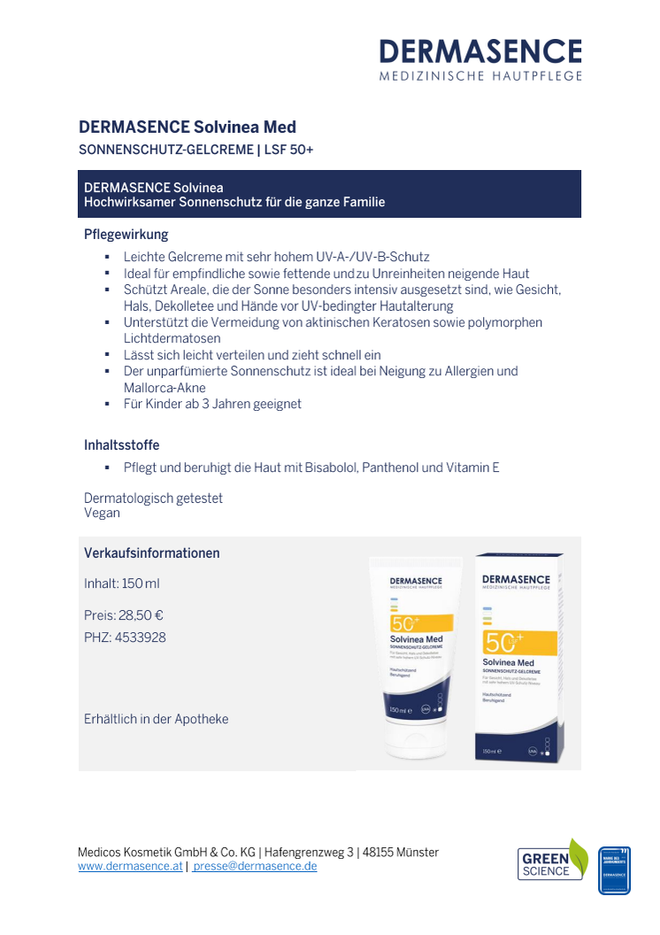 Factsheet AT: DERMASENCE Solvinea Med LSF 50+