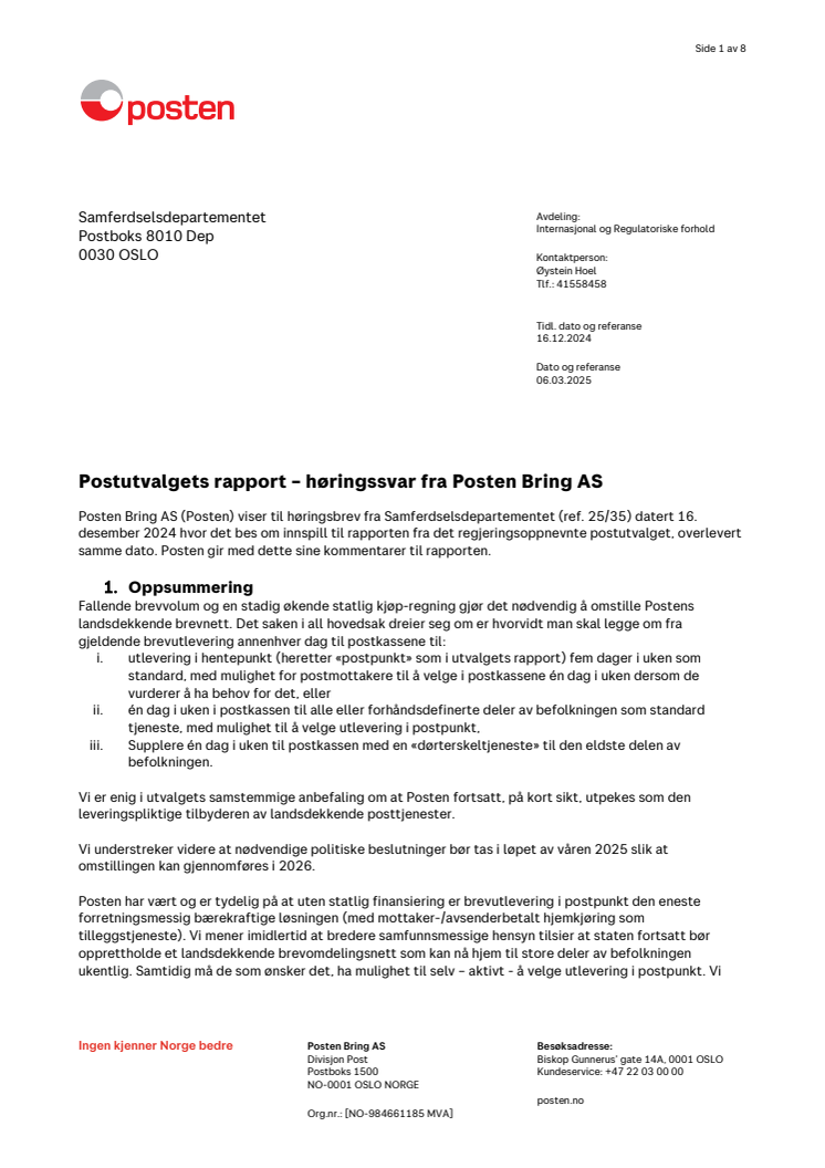 Postutvalgets rapport - høringssvar fra Posten Bring AS.pdf