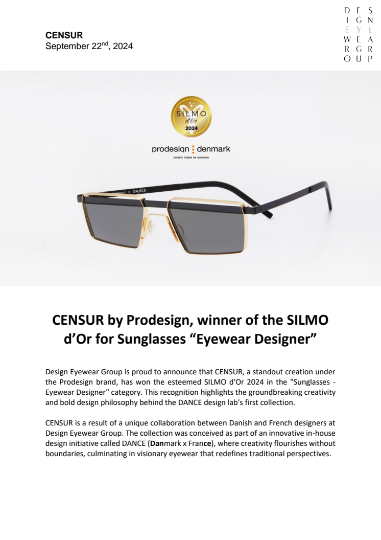 CENSUR by Prodesign, winner of the SILMO d'Or for Sunglasses "Eyewear designer" 