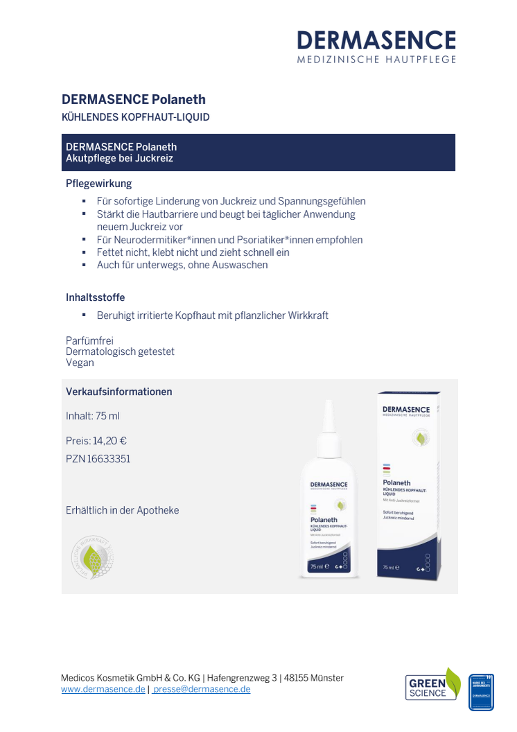 Factsheet DE: DERMASENCE Polaneth Kühlendes Kopfhaut-Liquid