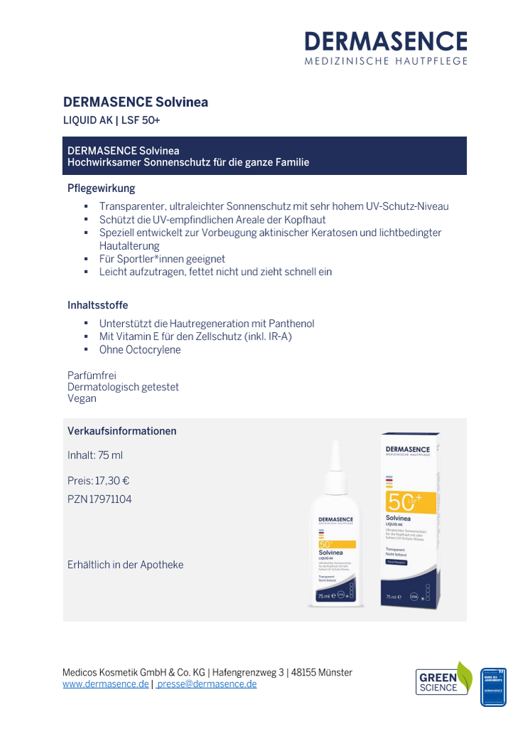 Factsheet DE: DERMASENCE Solvinea Liquid AK LSF 50+.