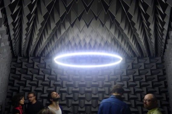 Haroon Mirza Installation view, The National Apavilion of Then and Now, 2011. Anechoic chamber, LEDs, amp, speakers, electronic circuit.