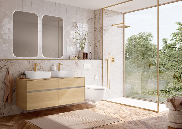 In einem modernen Lifestyle-Badezimmer von Villeroy & Boch steht ein Doppel-Waschtisch im Mittelpunkt.