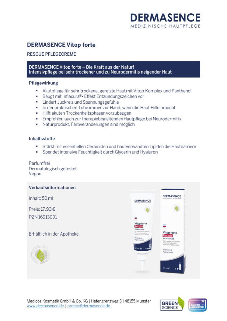 Factsheet DE: DERMASENCE Vitop forte Rescue Pflegecreme