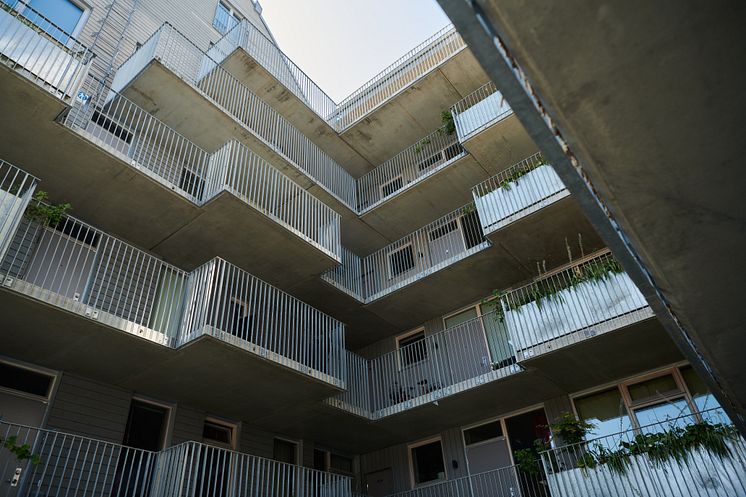 Loftgångar ut mot innergård, Det Goda Vattnet, Lund