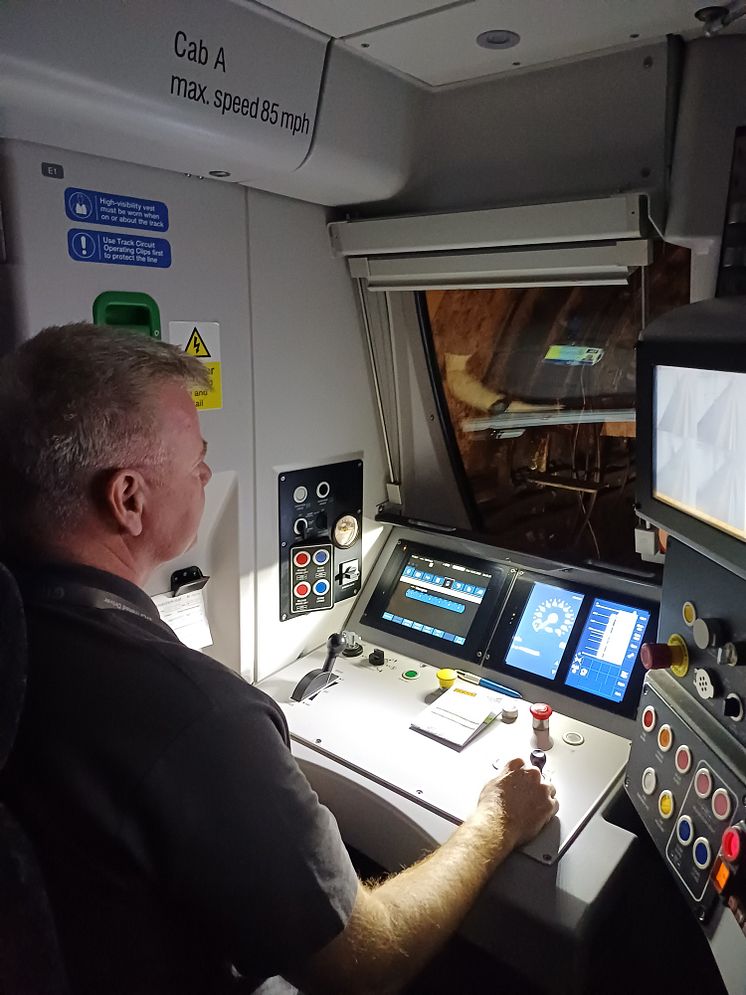 Kieran Hughes driving the first 'signals away' passenger train on 19 May 2025, 2W01 from Alexandra Palace at 0556.jpg