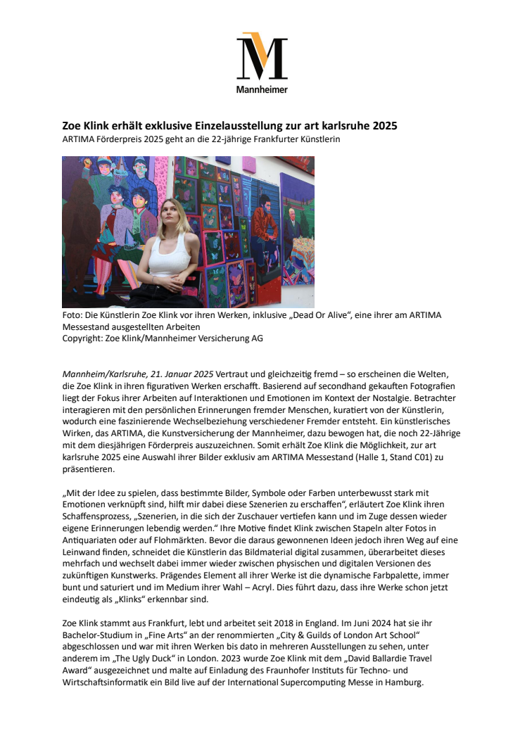 Pressemeldung: Zoe Klink erhält exklusive Einzelausstellung zur art karlsruhe 2025