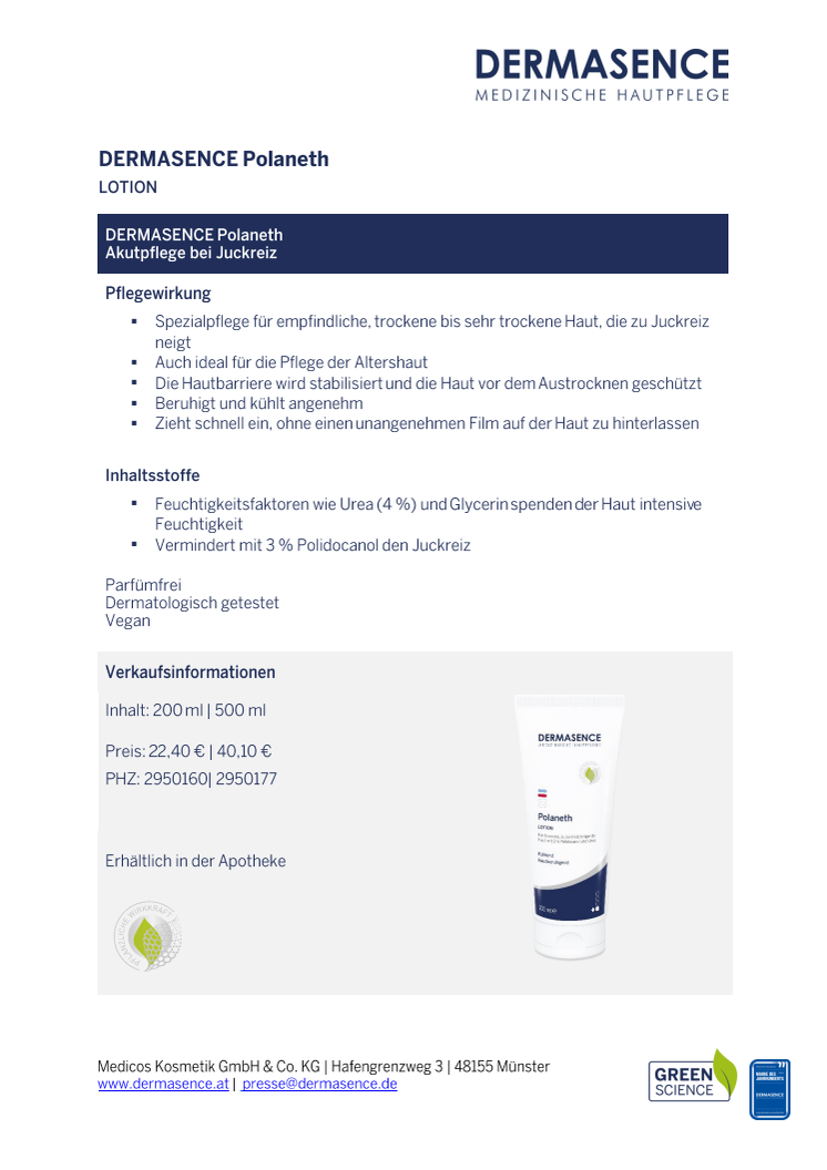 Factsheet AT: DERMASENCE Polaneth Lotion 200 ml - 500 ml