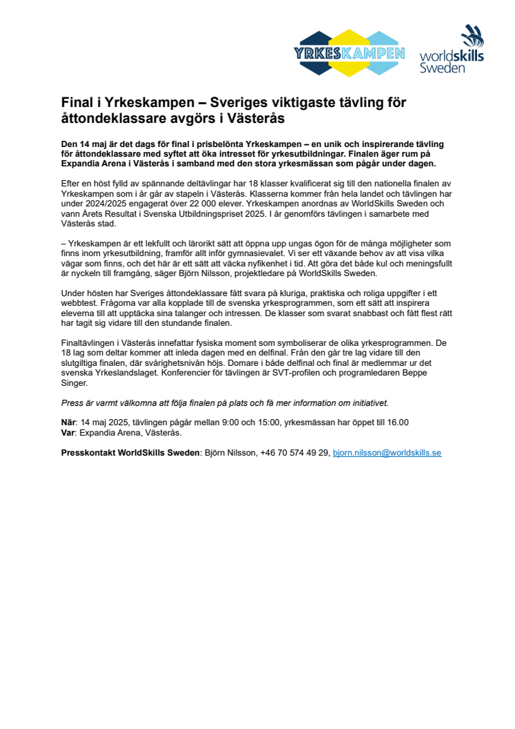 Pressmeddelande Yrkeskampen 2025 - WorldSkills Sweden.pdf