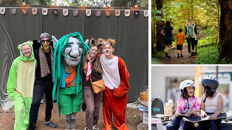 Kollage med olika bilder: En teaterensemble i en skog, en familj som vandrar i skogen och två barn som sitter med sina skateb