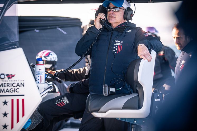 Terry Hutchinson, Skipper and President of Sailing Operations of American Magic, the U.S. Challenger for the 37th America’s Cup, aboard the chase boat supporting the crew of race yacht Patriot, including access to purified water.
