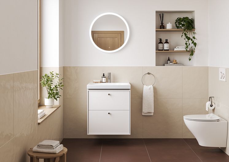 IDO Sense Art -kaluste valkoisena, Geberit Option -peili ja IDO Glow Modern -istuin.tif