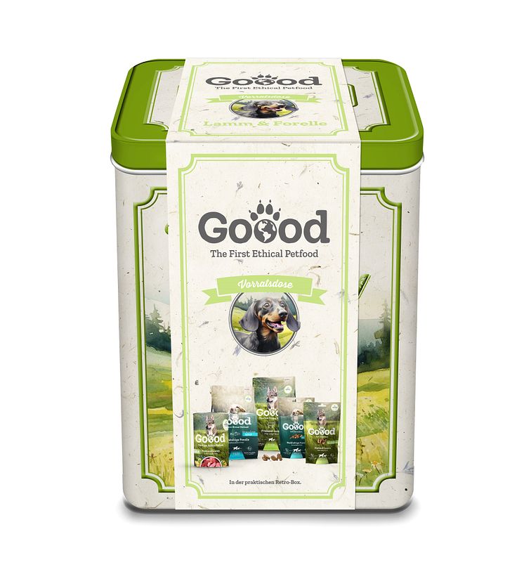 Goood Petfood Retro Vorratsdose Banderole Freiland-Lamm & Nachhaltige Forelle