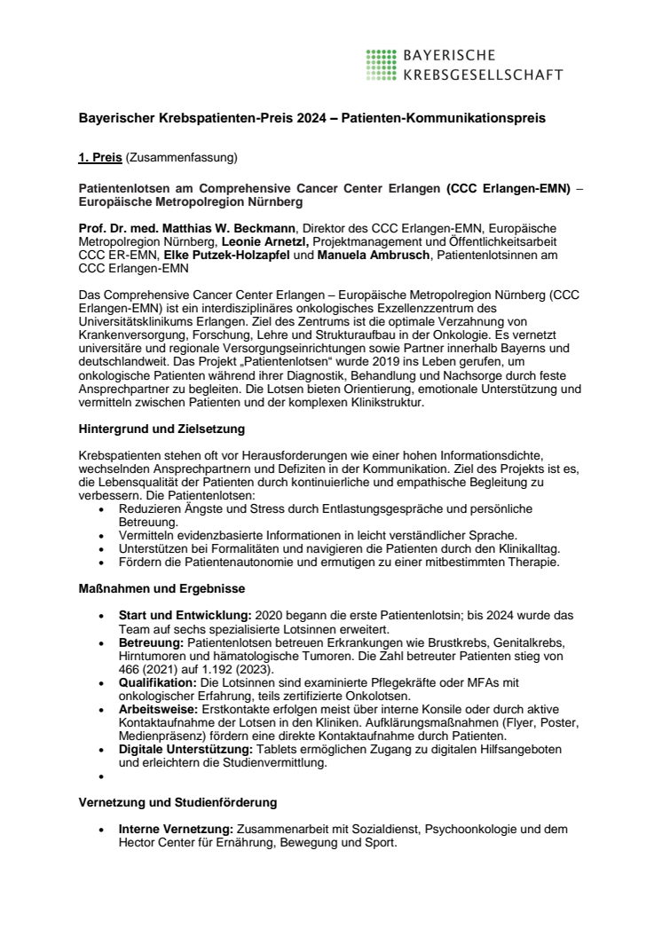 Erster Preis: Patientenlotsen am Comprehensive Cancer Center Erlangen (CCC Erlangen-EMN) – Europäische Metropolregion Nürnberg