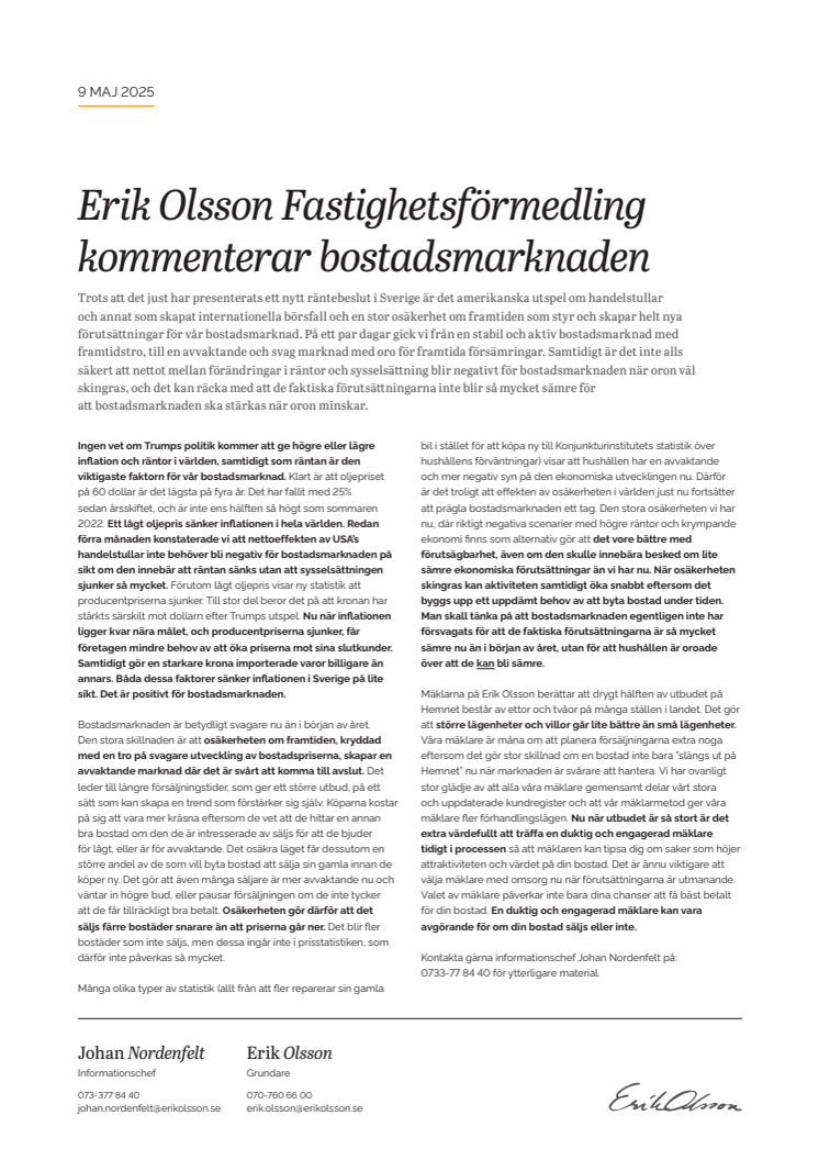 Erik Olsson Fastighetsförmedling kommenterar bostadsmarknaden 9 maj 2025.pdf