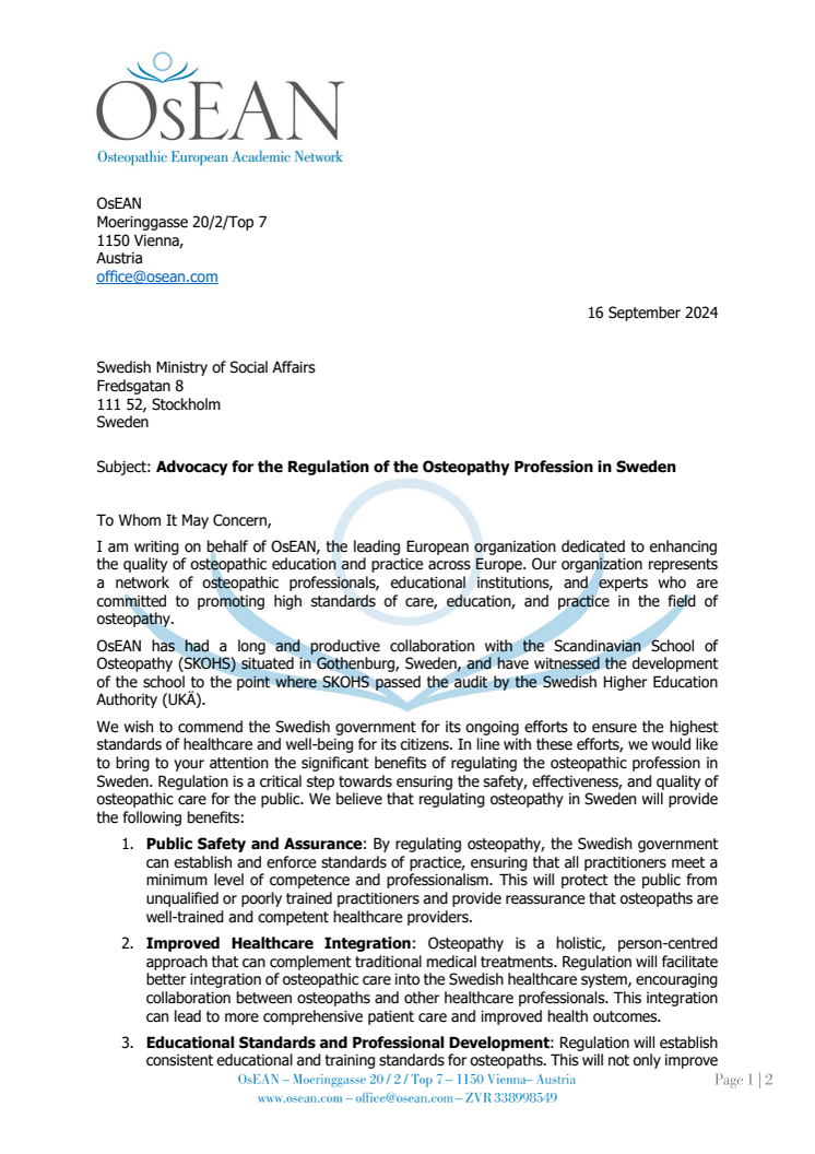 OsEAN Letter - Advocacy for the Regulation of the Osteopathy Profession in Sweden.pdf