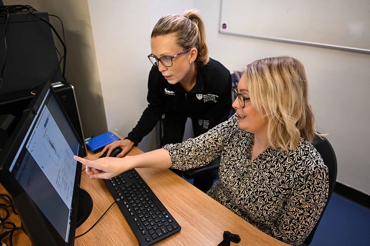 Research Fellow, Dr Julia Das, pictured with Dr Rosie Morris in the Physiotherapy Innovation Lab at Northumbria University.JPG