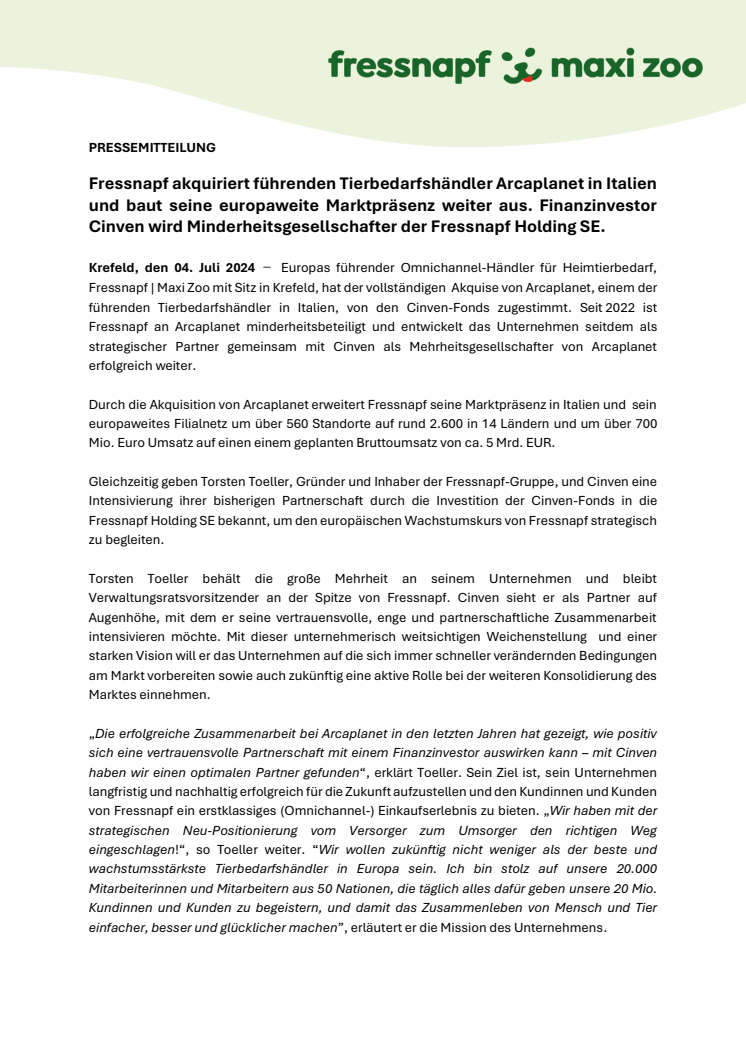 240704_Fressnapf übernimmt Arcaplanet. Cinven wird Gesellschafter.pdf