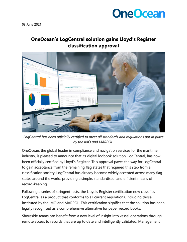 OneOcean’s LogCentral solution gains Lloyd’s Register classification approval