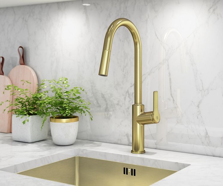 EPIC kitchen mixer_with pull out handshower_brass
