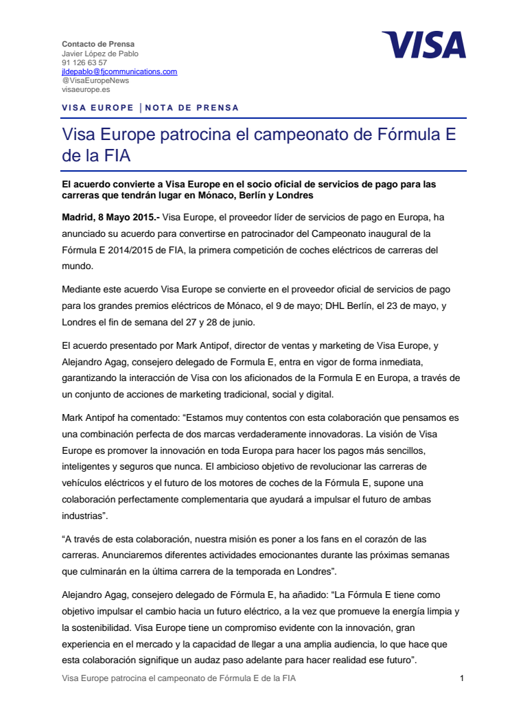 Visa Europe patrocina el campeonato de Fórmula E de la FIA