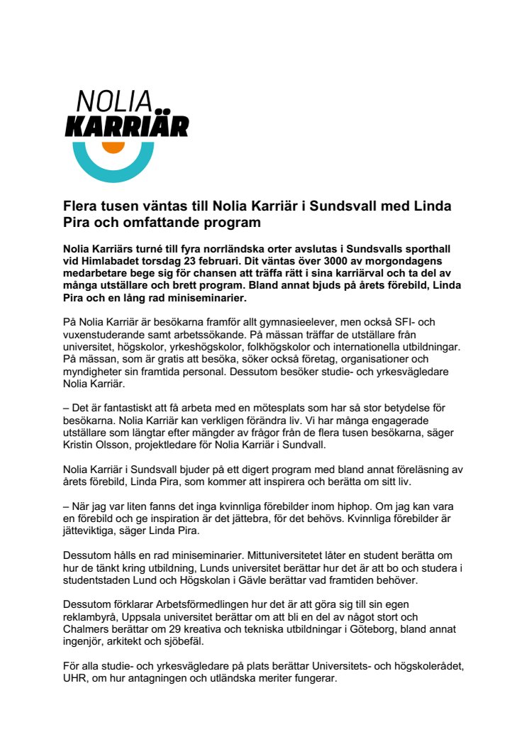 Flera tusen väntas till Nolia Karriär i Sundsvall med Cleo och omfattande program
