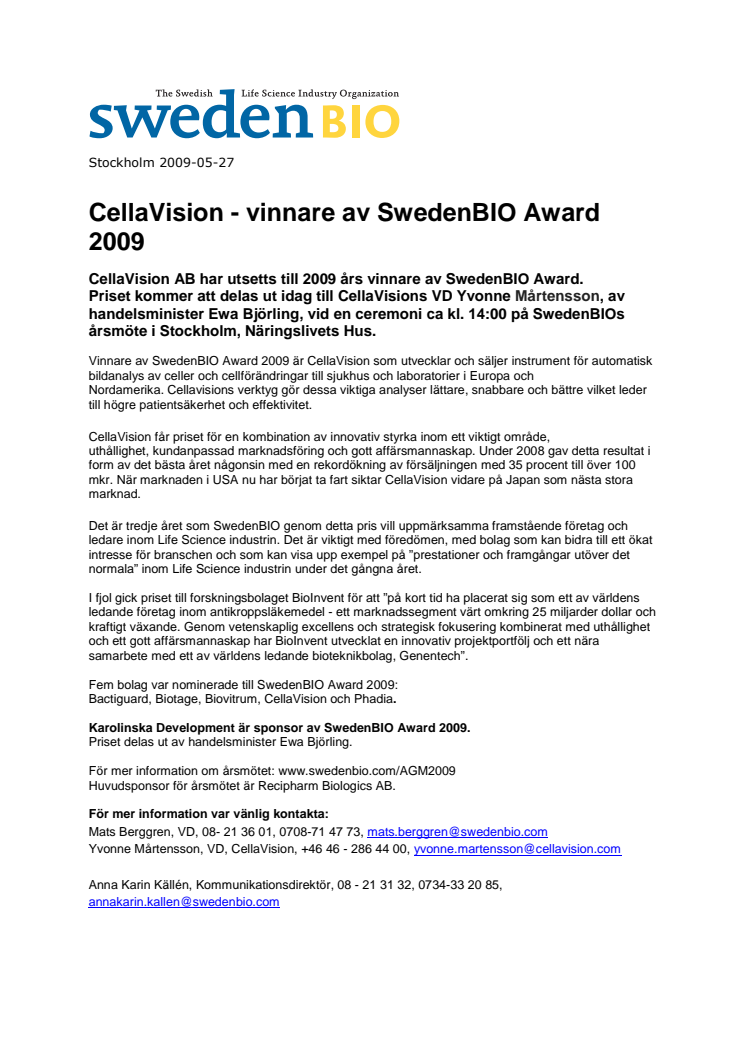 CellaVision - vinnare av SwedenBIO Award 2009